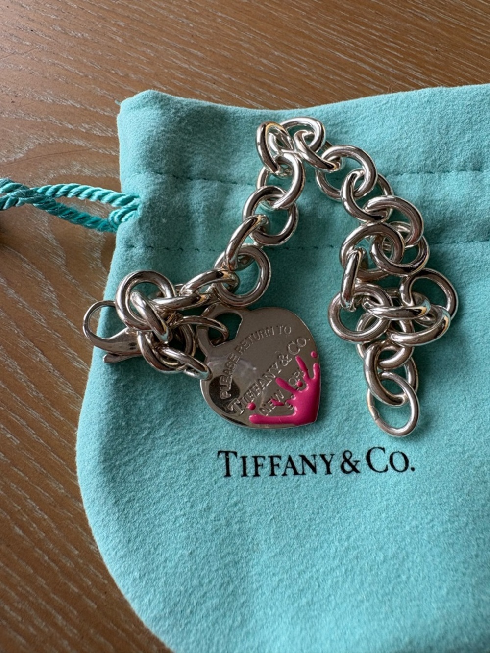 Tiffany & Co. Silver Link Bracelet with Pink Splash Heart Tag Silver Bracelet